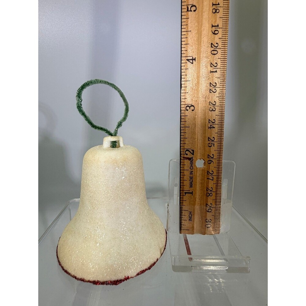 Vintage MICA Glittered Bell Christmas Ornament White Red Trim Green Pipe Cleaner